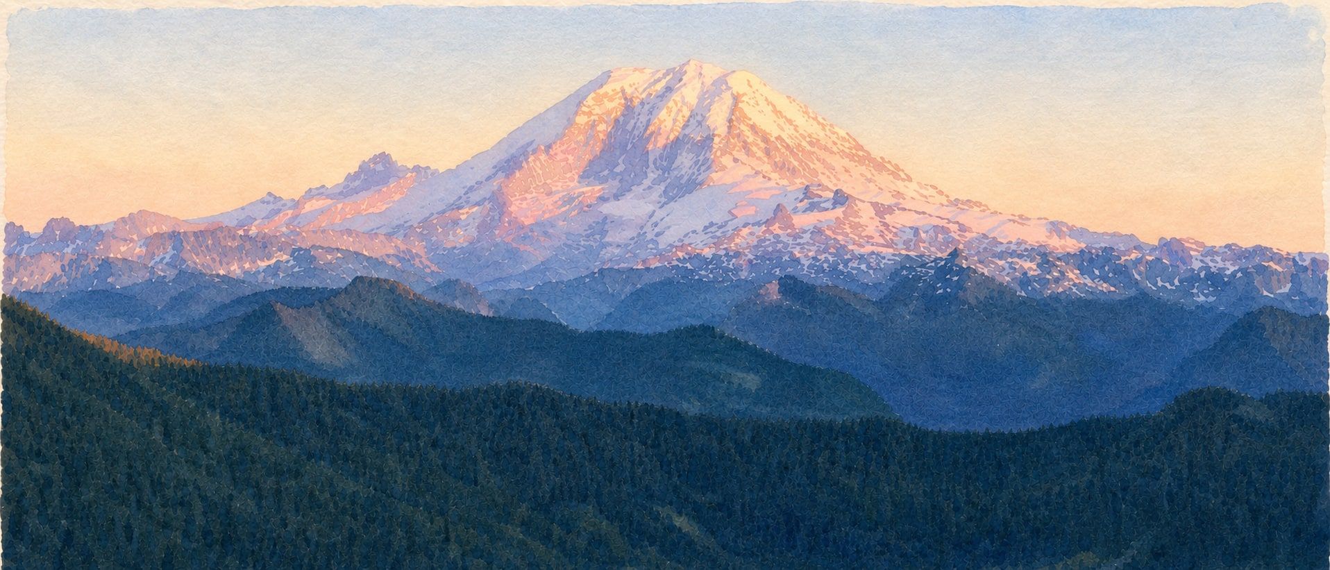 Watercolor painting of Mount Rainier at sunrise