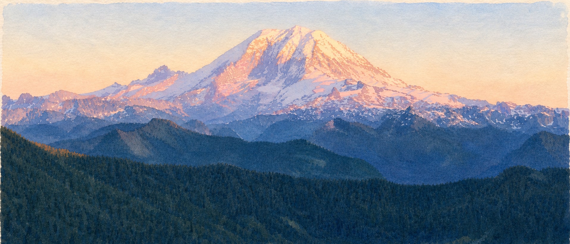 Watercolor painting of Mount Rainier at sunrise